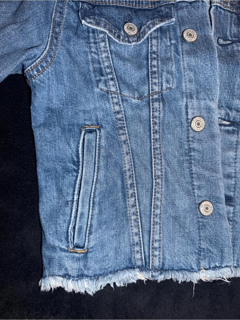 Ralph Lauren Polo Light Blue Denim distressed Jacket. Polo print on the back.